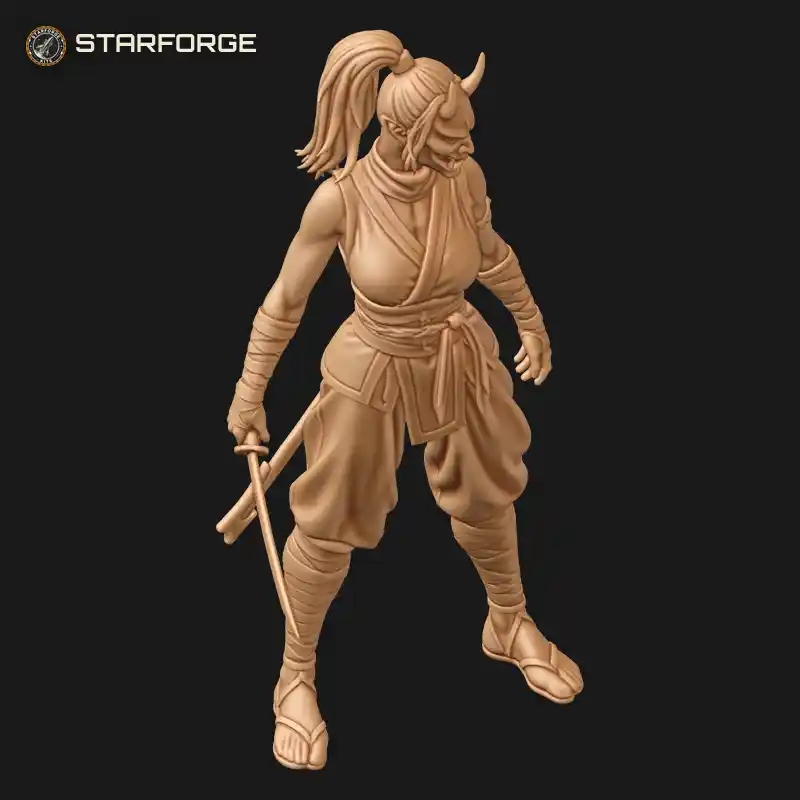 Three Quarter View of Kunoichi in Horned Demon Mask with Hooded Wrap Sickle and Tabi Boots Character Martial Arts Realistic 3D Print STL File