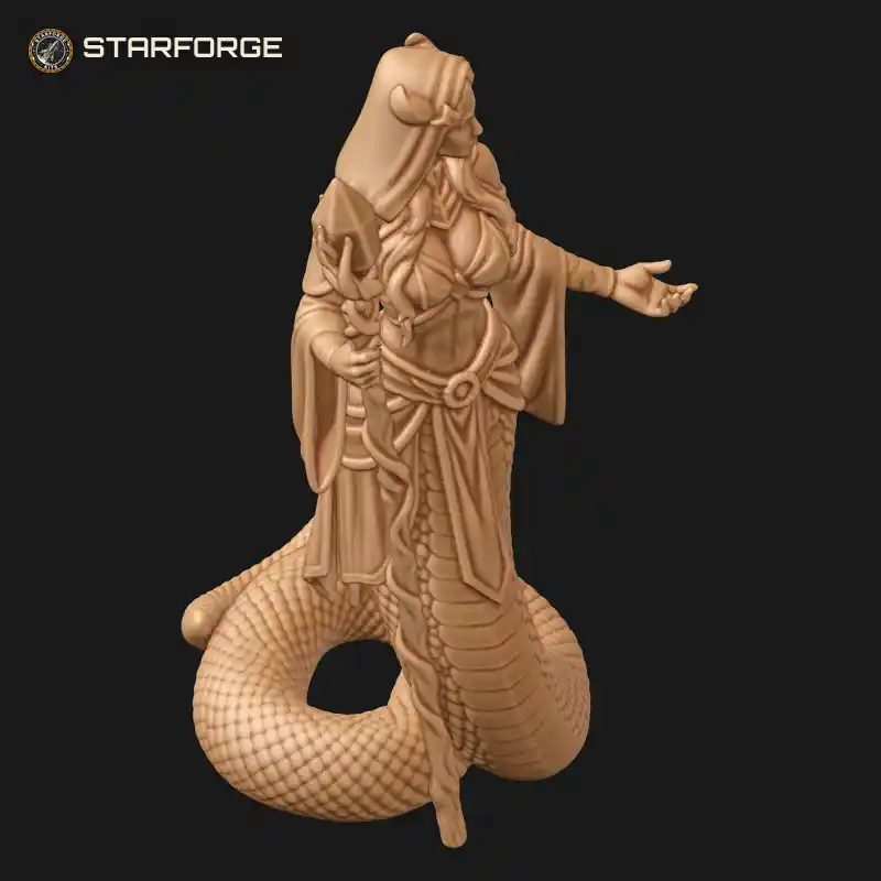 Three Quarter View of Lamia Sorceress with Crystal Staff Scaled Lower Body Long Tail Jewelled Top and Circlet Character Fantasy Realistic 3D Print STL File