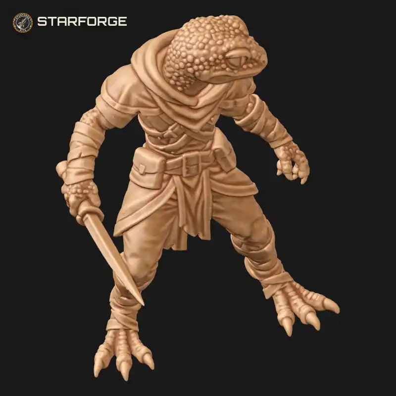 Three Quarter View of Leopard Gecko Rogue with Hooded Scarf Wrapped Legs and Reverse Grip Dagger Character Fantasy Stylized 3D Print STL File