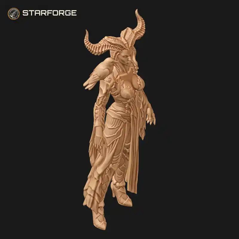 Three Quarter View of Lilith Dark Queen Figure With Raven On Shoulder Horned Crown And Long Gown Character Dark Fantasy Ornate 3D Print STL File