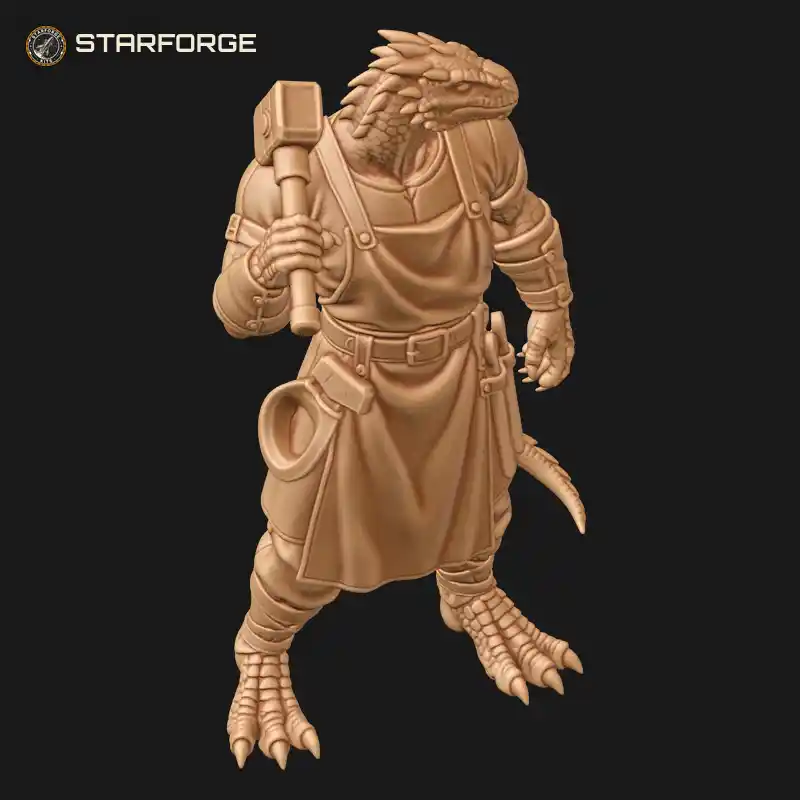 Three Quarter View of Lizard Man Blacksmith with Forge Hammer Leather Apron Muscled Arms and Scaled Tail Character Fantasy Stylized 3D Print STL File