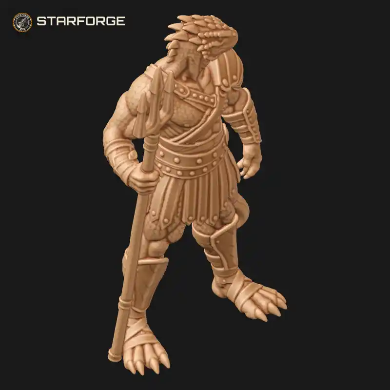 Three Quarter View of Lizard Man Gladiator with Trident Arm Guard Leather Belt Scaled Body and Thick Tail Character Fantasy Realistic 3D Print STL File