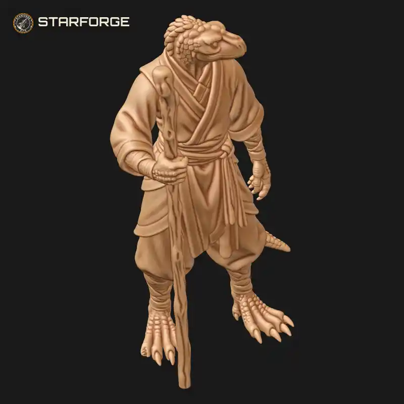 Three Quarter View of Lizard Monk in Wrapped Robe with Wooden Staff Prayer Beads and Scaled Tail Character Fantasy Stylized 3D Print STL File