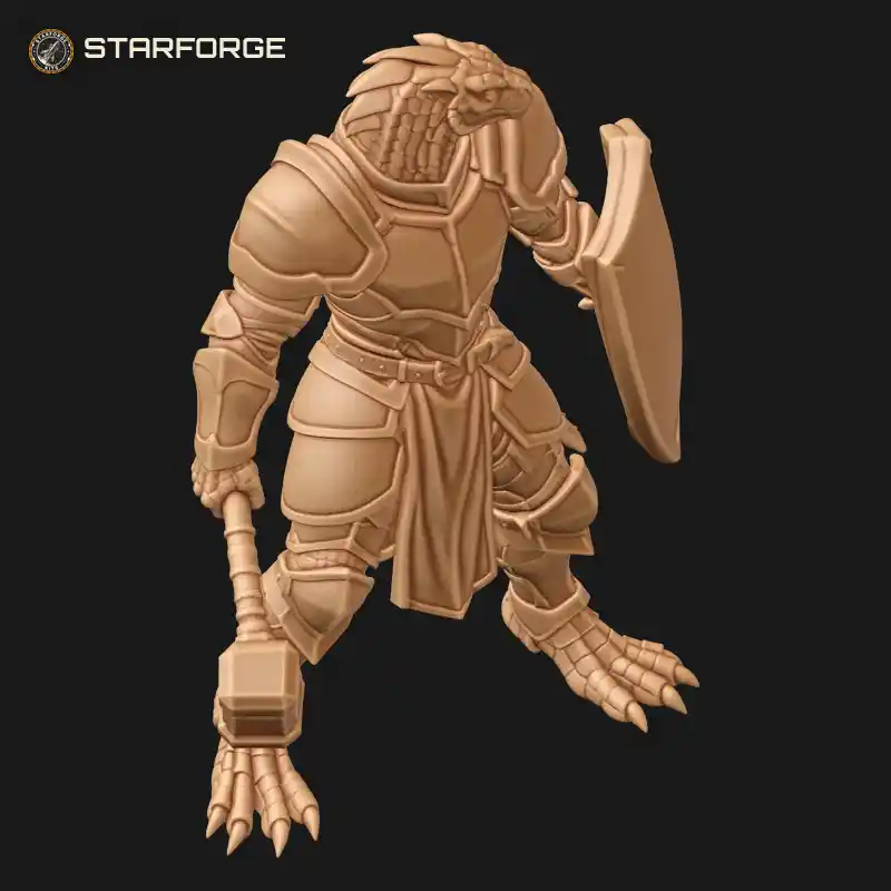 Three Quarter View of Lizard Paladin in Plate Armor with War Maul Kite Shield Crested Head and Tail Character Fantasy Realistic 3D Print STL File