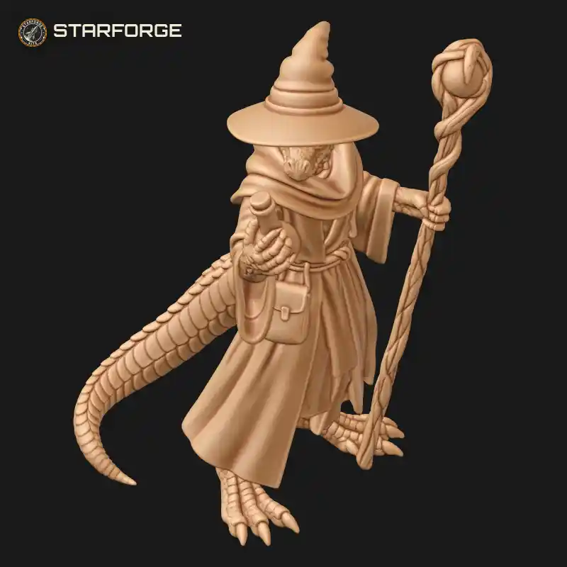 Three Quarter View of Lizard Wizard Alchemist Holding Potion Flask with Robe Satchel Spectacles and Scaled Tail Character Fantasy Stylized 3D Print STL File