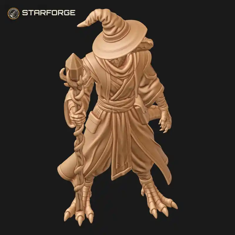 Three Quarter View of Lizard Wizard in Long Robe with Crystal Topped Staff Pointed Hat and Scaled Tail Character Fantasy Stylized 3D Print STL File