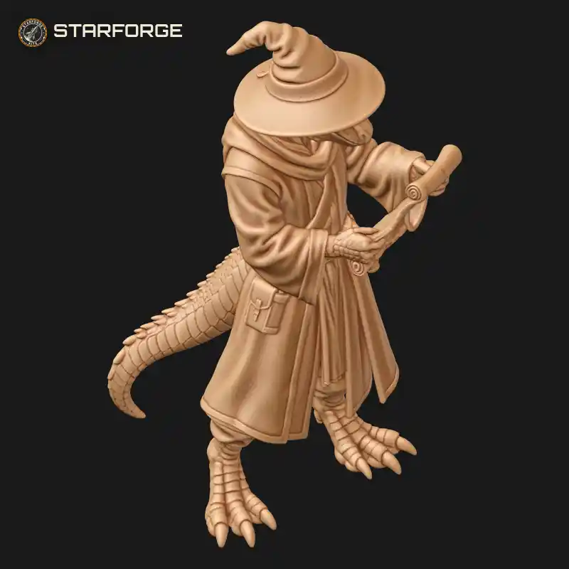 Three Quarter View of Lizard Wizard Reading Unrolled Spell Scroll with Hooded Robe Belt Pouches and Tail Character Fantasy Stylized 3D Print STL File