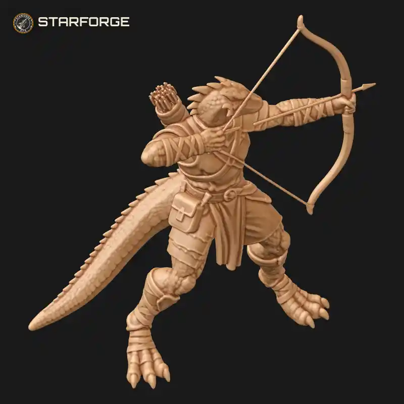 Three Quarter View of Lizardfolk Archer Drawing Longbow with Quiver Scaled Hide Leather Bracers and Tail Character Fantasy Stylized 3D Print STL File