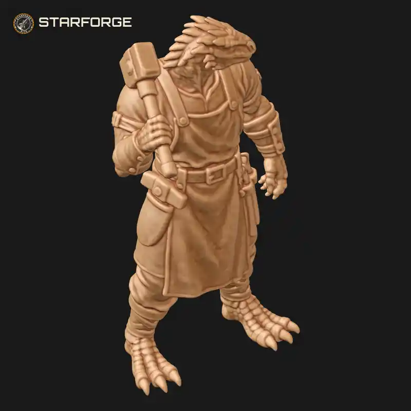 Three Quarter View of Lizardfolk Blacksmith with Shouldered Forge Hammer Leather Apron and Tool Belt Character Fantasy Stylized 3D Print STL File