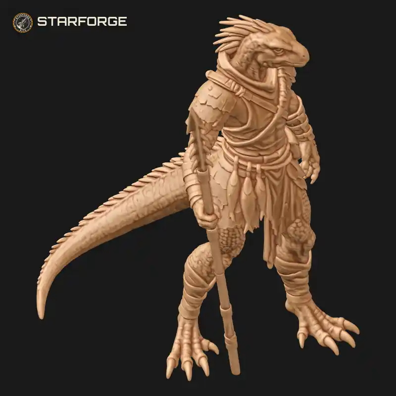 Three Quarter View of Lizardfolk Fisherman with Barbed Fishing Spear Hanging Fish Catch and Wrapped Legs Character Fantasy Realistic 3D Print STL File