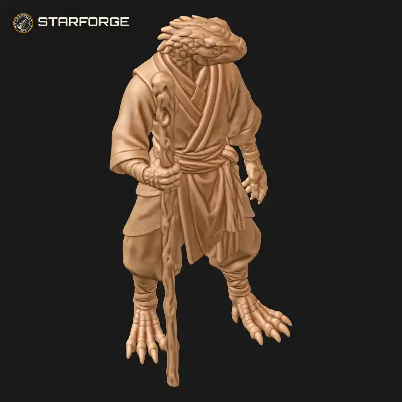 Three Quarter View of Lizardfolk Monk in Wrapped Robes with Knotted Sash and Gnarled Wooden Staff Character Fantasy Realistic 3D Print STL File