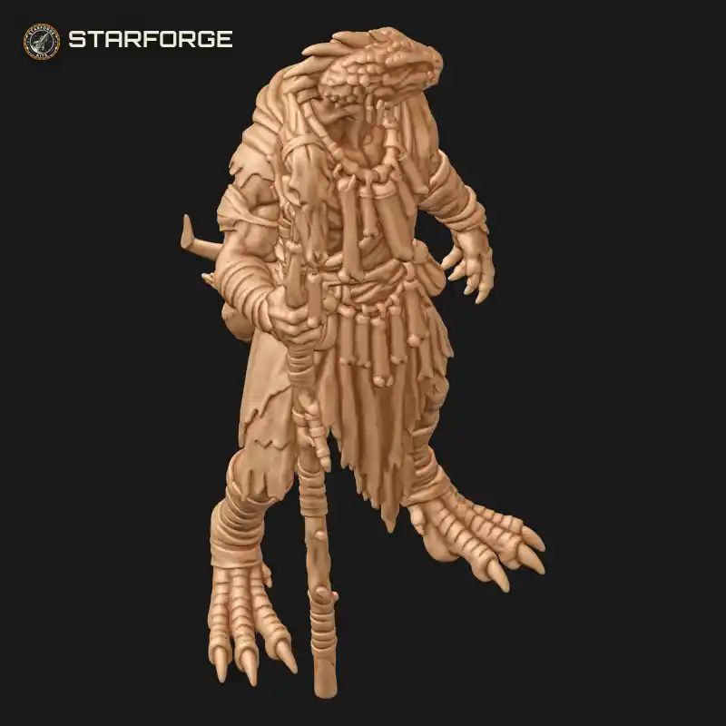 Three Quarter View of Lizardfolk Shaman with Beast Skull Staff Bone Necklace Tattered Robes and Wrapped Legs Character Fantasy Tribal 3D Print STL File
