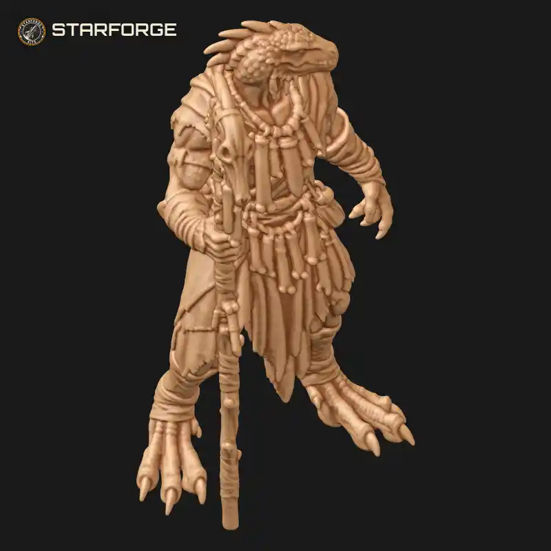 Three Quarter View of Lizardfolk Shaman with Bone Staff Crest Frill Bead Necklace Loincloth and Long Tail Character Fantasy Tribal 3D Print STL File