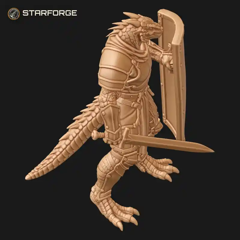 Three Quarter View of Lizardfolk Warrior with Scaled Hide Tower Shield Crested Head and Clawed Feet Character Fantasy Realistic 3D Print STL File
