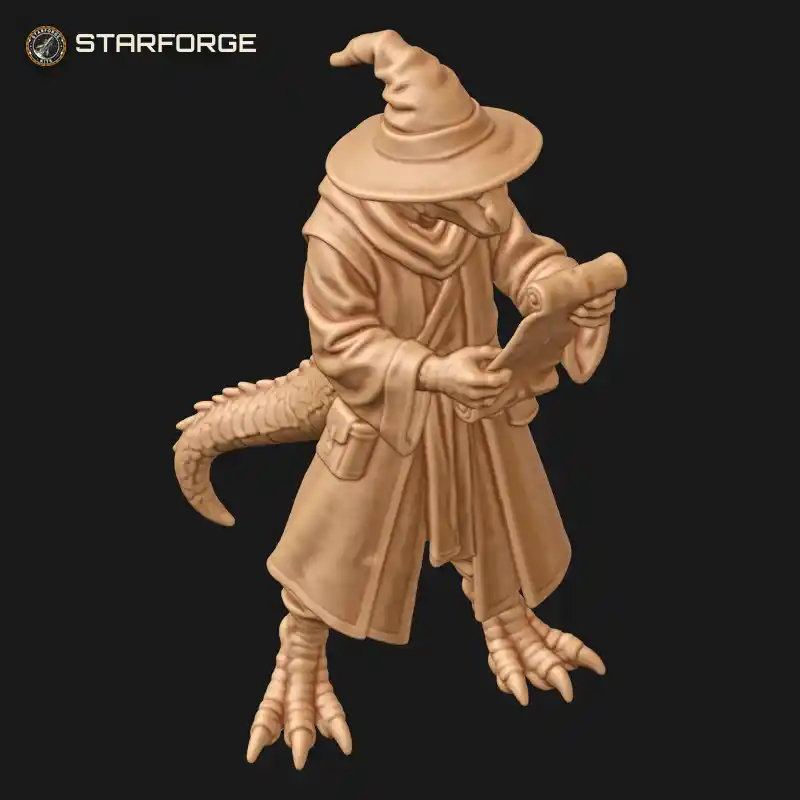 Three Quarter View of Lizardfolk Wizard in Long Robe and Pointed Hat Reading an Unrolled Spell Scroll Character Fantasy Stylized 3D Print STL File