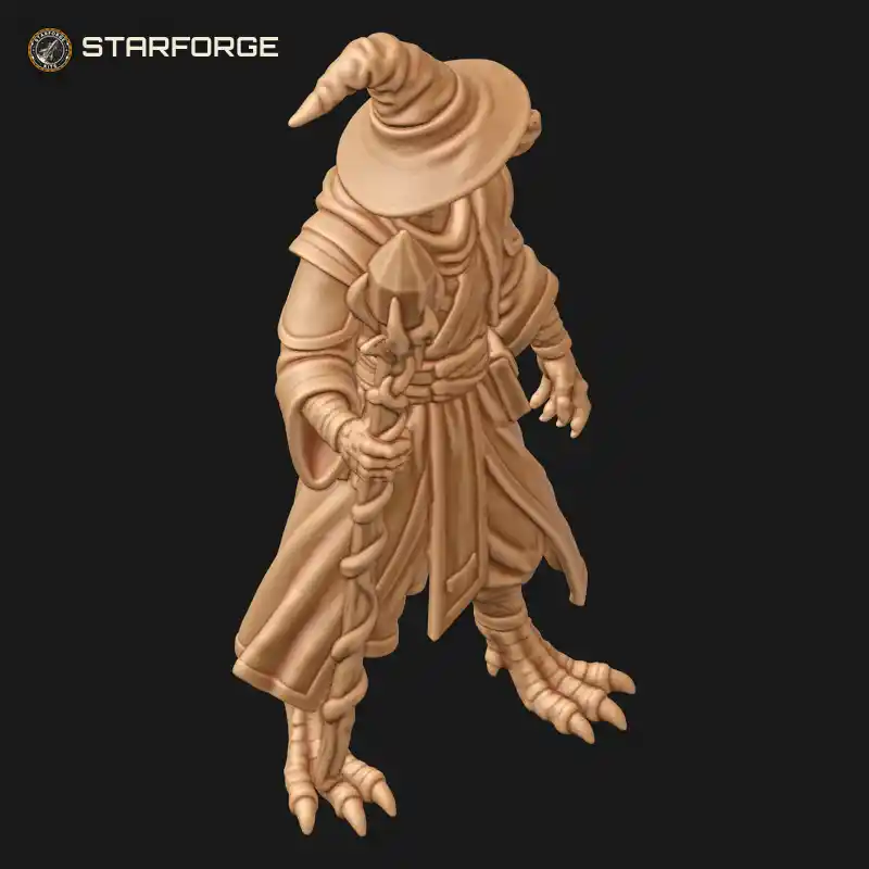 Three Quarter View of Lizardfolk Wizard in Pointed Hat and Layered Robes with Vine-Wrapped Crystal Staff Character Fantasy Stylized 3D Print STL File
