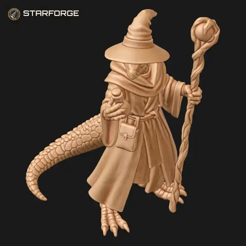Three Quarter View of Lizardfolk Wizard with Pointed Hat Potion Flask Gnarled Staff and Satchel Character Fantasy Stylized 3D Print STL File