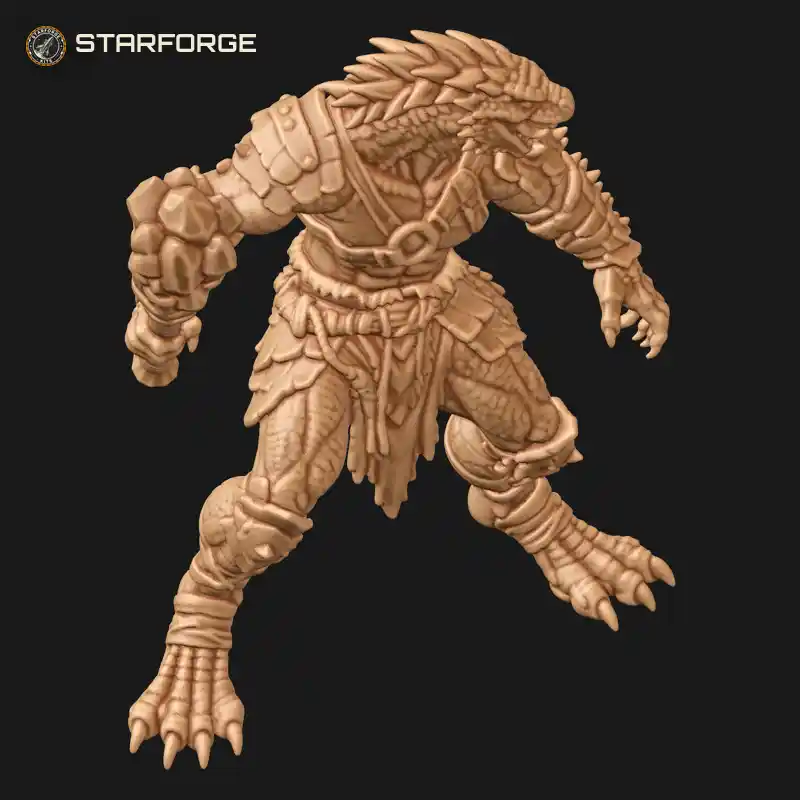 Three Quarter View of Lizardman Berserker Roaring with Obsidian Bladed Club War Paint Spines and Heavy Tail Character Fantasy Realistic 3D Print STL File