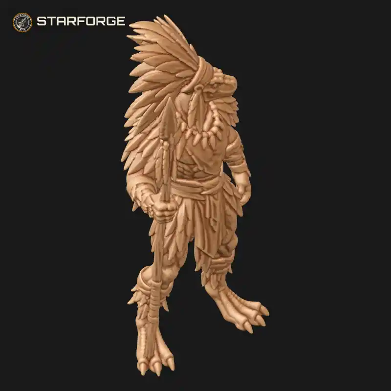 Three Quarter View of Lizardman Chieftain with Feathered Headdress Bone Necklace Tribal Spear and Scaled Tail Character Fantasy Realistic 3D Print STL File