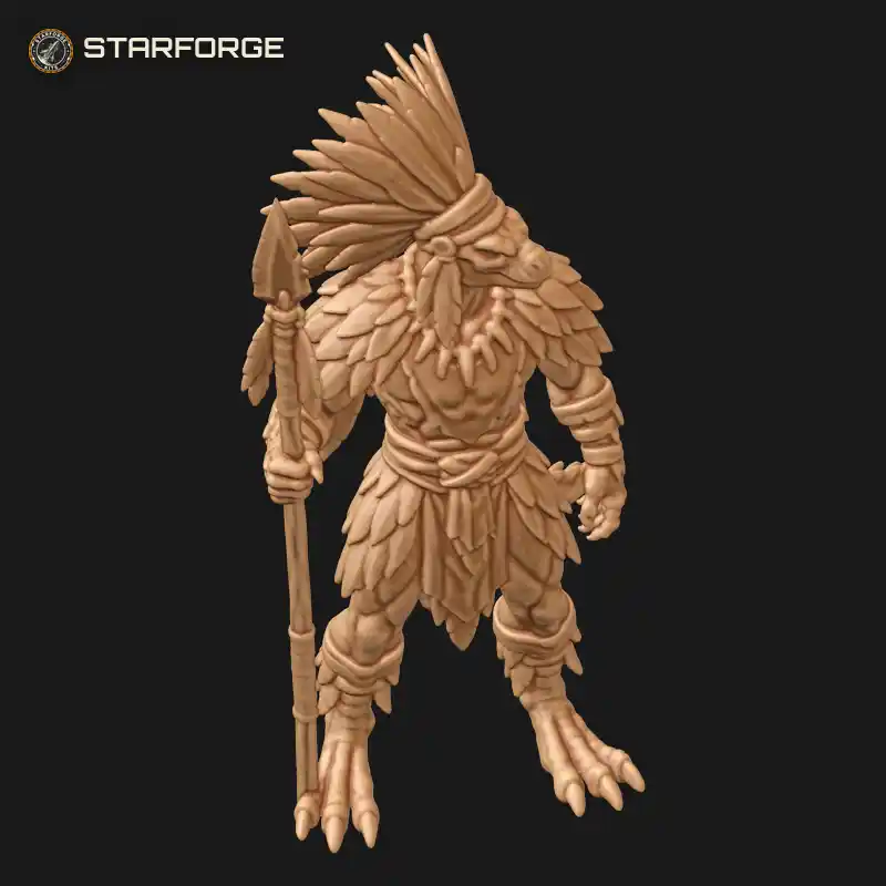 Three Quarter View of Lizardman Chieftain with Feathered Headdress Feather Cloak and Tall Tribal Spear Character Fantasy Stylized 3D Print STL File