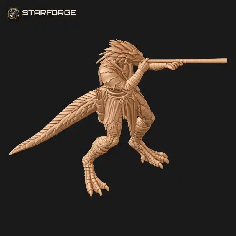 Three Quarter View of Lizardman Jungle Hunter Aiming Long Blowgun with Dart Pouch Loincloth and Scaled Tail Character Fantasy Realistic 3D Print STL File