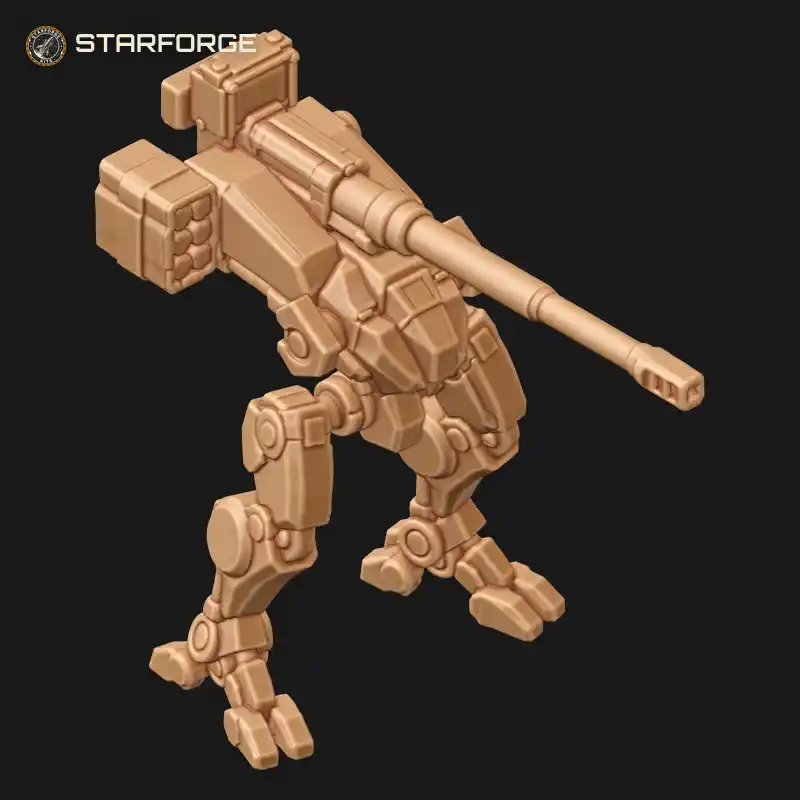 Three Quarter View of Long-Range Artillery Mech Suit with Twin Back-Mounted Cannon Barrels and Stabilizer Legs Vehicle Mecha Industrial 3D Print STL File