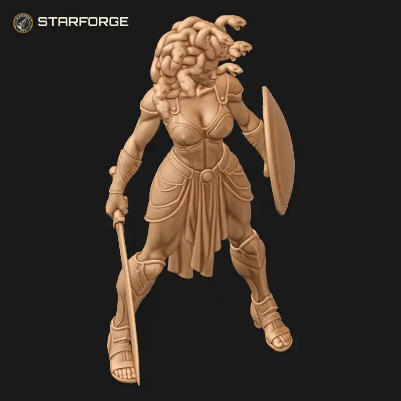 Three Quarter View of Medusa Warrior with Snake Hair Short Sword Round Shield and Greek Armor Character Mythology Realistic 3D Print STL File