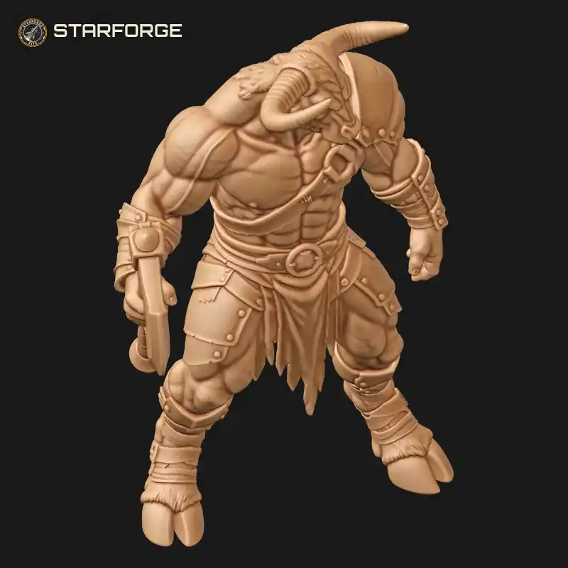 Three Quarter View of Minotaur Figure With Double Bladed Battle Axe Bull Horns And Hooves Character Mythology Realistic 3D Print STL File