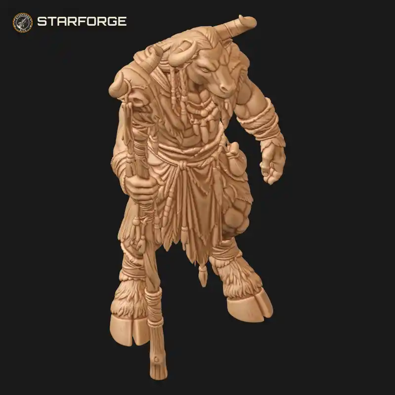 Three Quarter View of Minotaur Shaman with Bull Horns Bone Totem Staff Fur Mantle and Hooves Character Fantasy Tribal 3D Print STL File