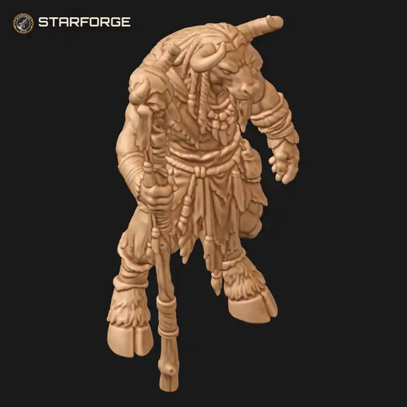 Three Quarter View of Minotaur Shaman with Bull Skull Totem Staff Bone Necklace and Tattered Hide Loincloth Character Fantasy Tribal 3D Print STL File
