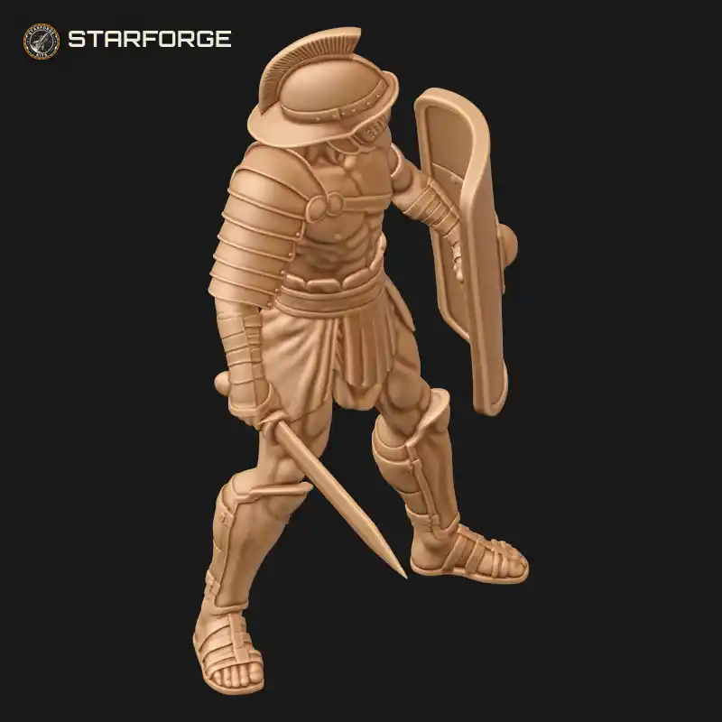 Three Quarter View of Murmillo Gladiator Warrior with Short Gladius Sword Tall Scutum Shield and Fish Crest Helmet Character Mythology Realistic 3D Print STL File