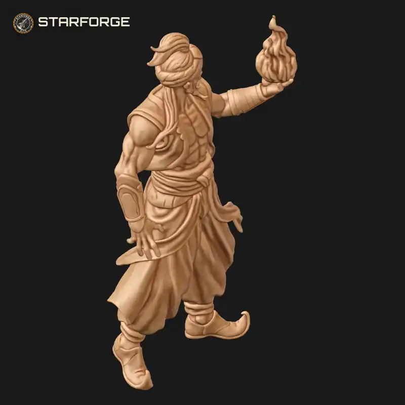 Three Quarter View of Muscular Djinn Sorcerer with Turban Topknot Open Vest and Raised Flame Orb Character Fantasy Stylized 3D Print STL File