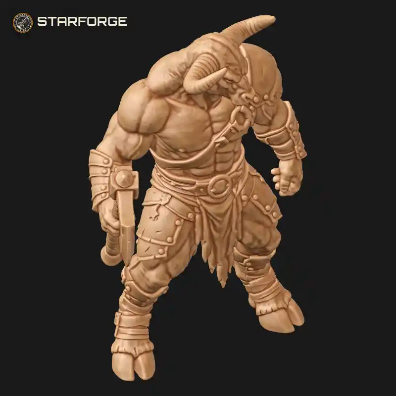Three Quarter View of Muscular Minotaur Warrior with Bearded Battle Axe Shoulder Pauldron and Tattered Loincloth Character Fantasy Realistic 3D Print STL File