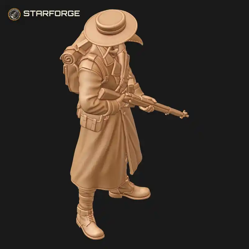 Three Quarter View of Plague Doctor Soldier With Beaked Mask Long Trench Greatcoat Leather Gloves And Belted Pouches Character Military Realistic 3D Print STL File