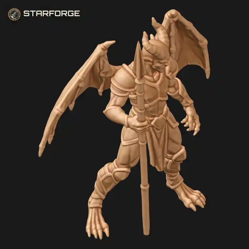 Three Quarter View of Pot-Bellied Imp Guard with Banded Wooden Spear Bat Wings and Leather Harness Character Fantasy Stylized 3D Print STL File
