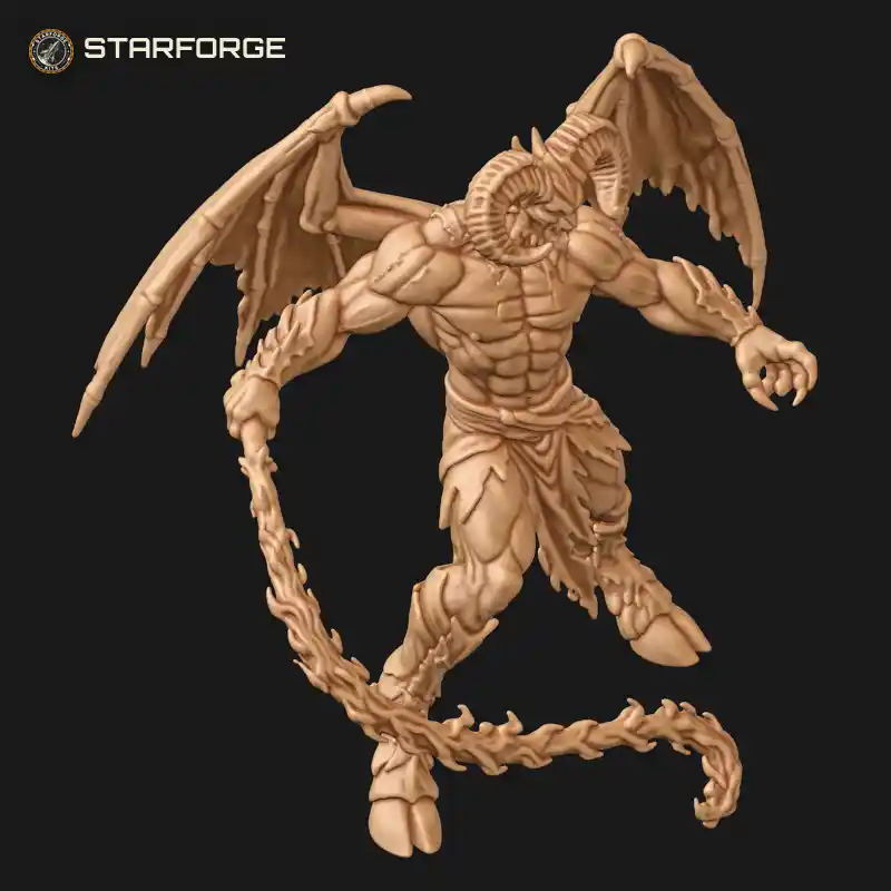 Three Quarter View of Ram-Horned Balor Demon with Tattered Bat Wings Barbed Tail and Flaming Whip Creature Dark Fantasy Realistic 3D Print STL File