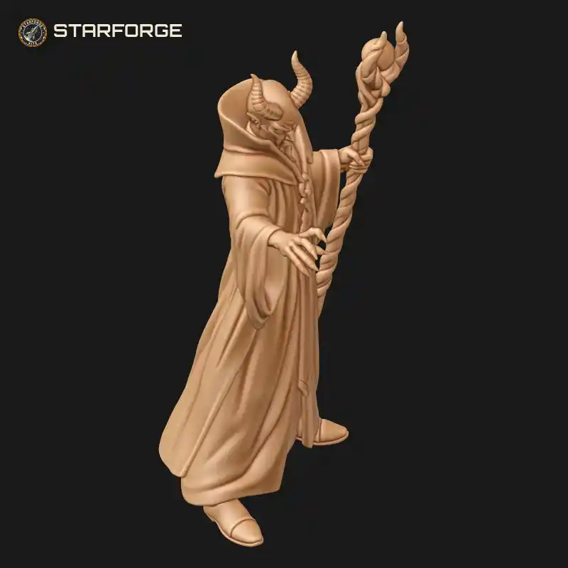 Three Quarter View of Robed Devil Sorcerer Figure With Curved Horns Hooded Cloak And Spell Staff Character Dark Fantasy Stylized 3D Print STL File