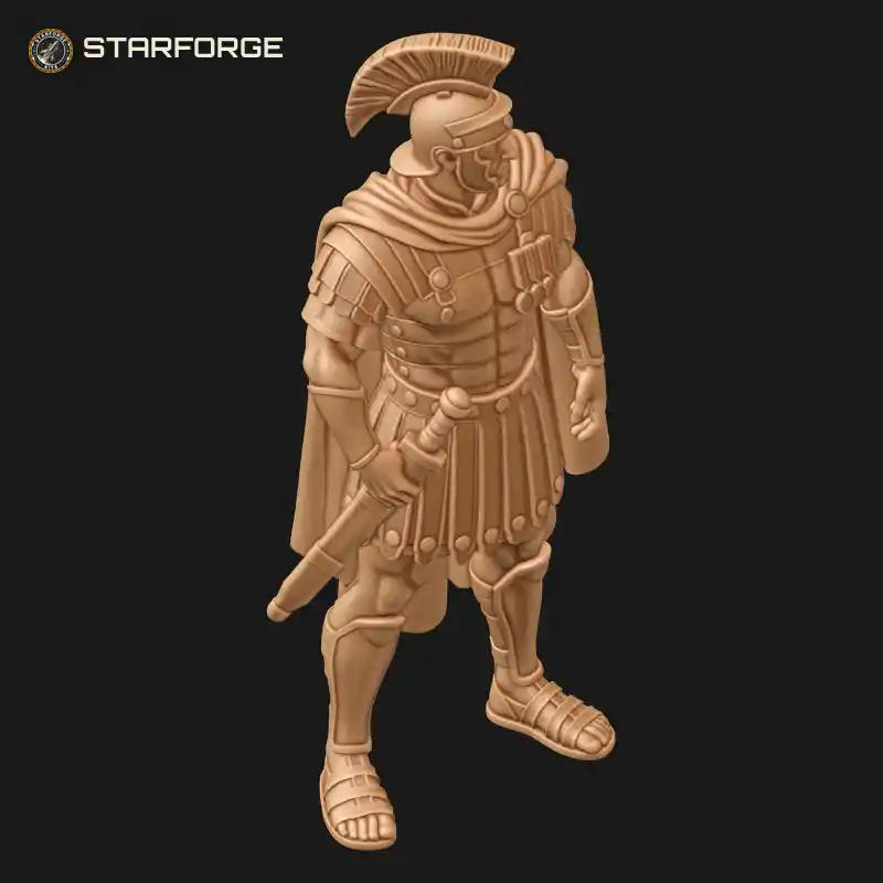 Three Quarter View of Roman Centurion in Red Wool Cloak with Phalerae Medal Harness Scale Armor and Sword Character Military Realistic 3D Print STL File