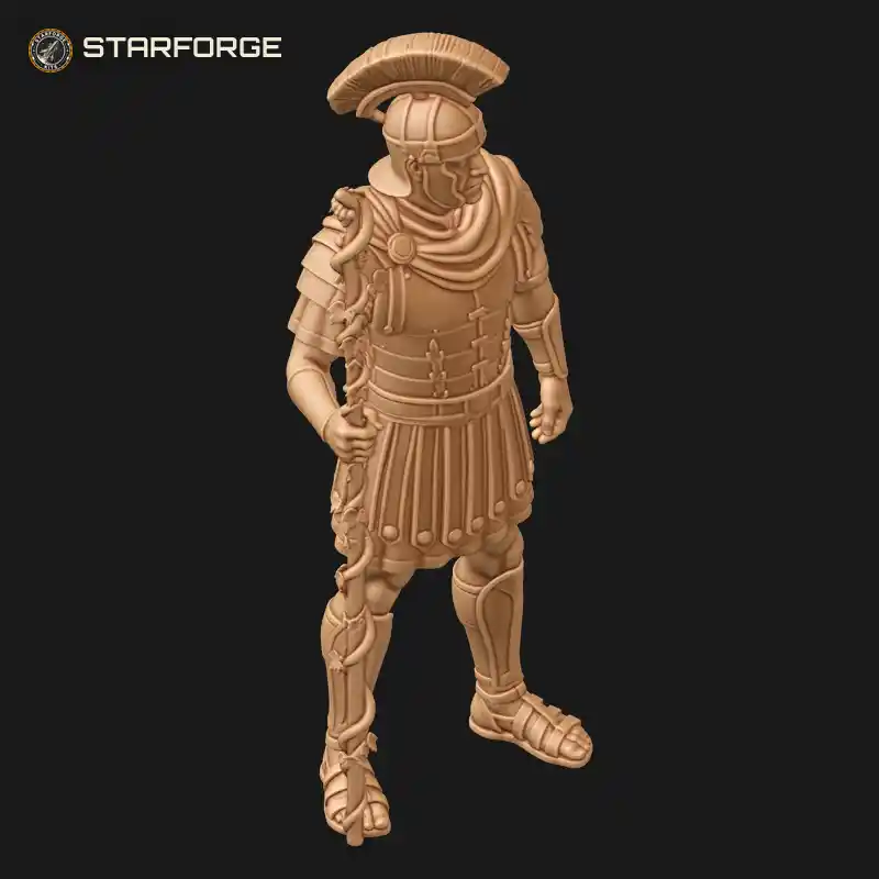 Three Quarter View of Roman Centurion Officer Holding Vine Staff with Transverse Crest Helmet and Chainmail Shirt Character Military Realistic 3D Print STL File