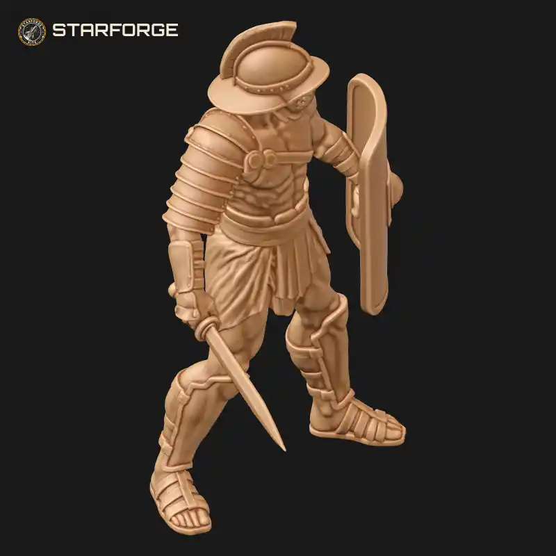 Three Quarter View of Roman Gladiator with Grilled Visor Helmet Gladius and Tall Curved Scutum Shield Character Fantasy Realistic 3D Print STL File