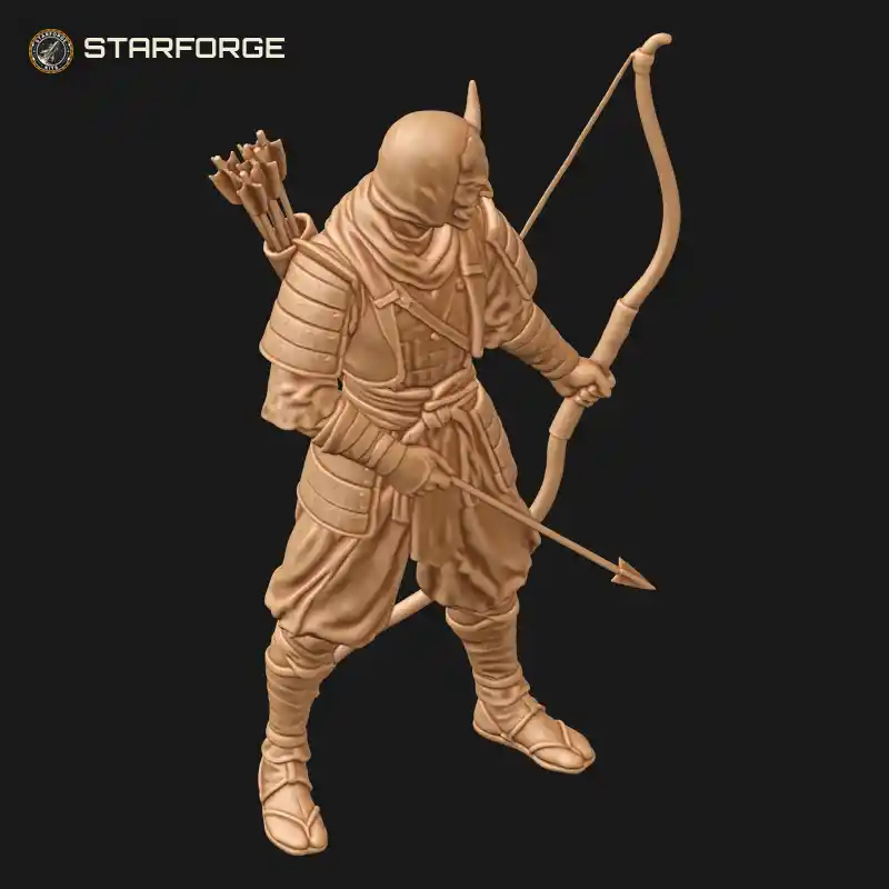 Three Quarter View of Samurai Archer in Horned Oni Mask with Yumi Longbow Arrow and Back Quiver Character Fantasy Realistic 3D Print STL File