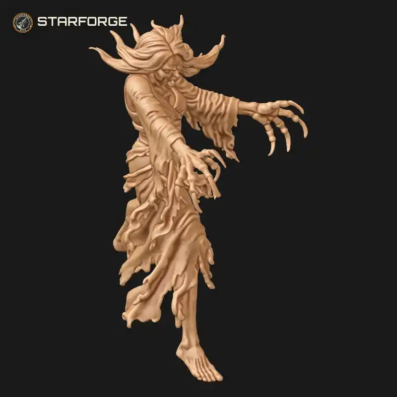 Three Quarter View of Screaming Banshee Spirit with Clawed Outstretched Hands and Tattered Flowing Robes Character Dark Fantasy Realistic 3D Print STL File