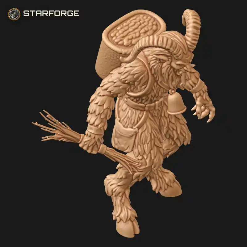 Three Quarter View of Shaggy Krampus with Curled Ram Horns Wicker Back Basket Bell and Birch Switch Character Dark Fantasy Stylized 3D Print STL File