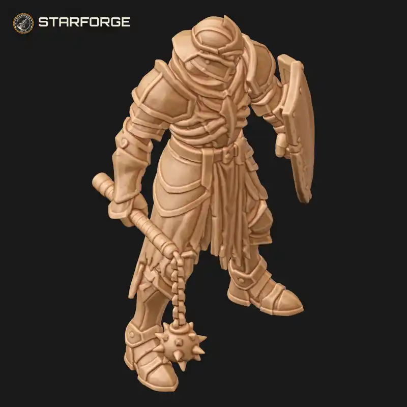 Three Quarter View of Skeletal Death Knight with Spiked Chain Flail Kite Shield and Tattered Tabard Character Dark Fantasy Stylized 3D Print STL File