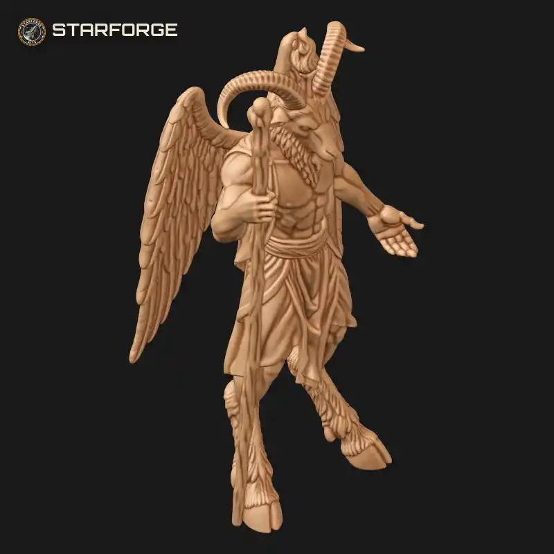 Three Quarter View of Standing Baphomet Figure With Goat Head Curved Horns Feathered Wings And Ritual Staff Character Dark Fantasy Realistic 3D Print STL File