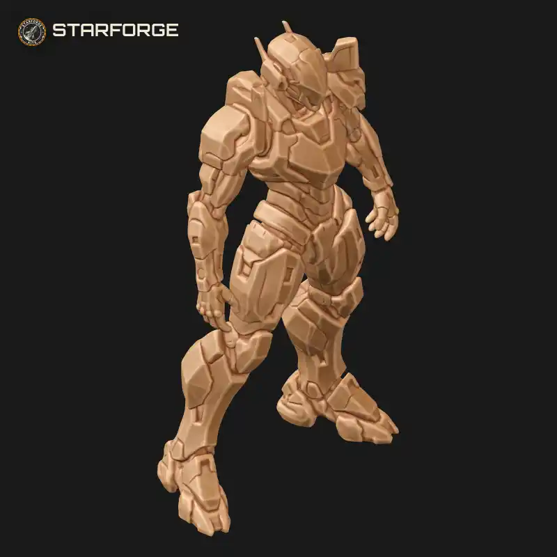 Three Quarter View of Stealth Mech Suit with Angular Faceted Armor Plates Visor Head and Silenced Rifle Character Mecha Geometric 3D Print STL File