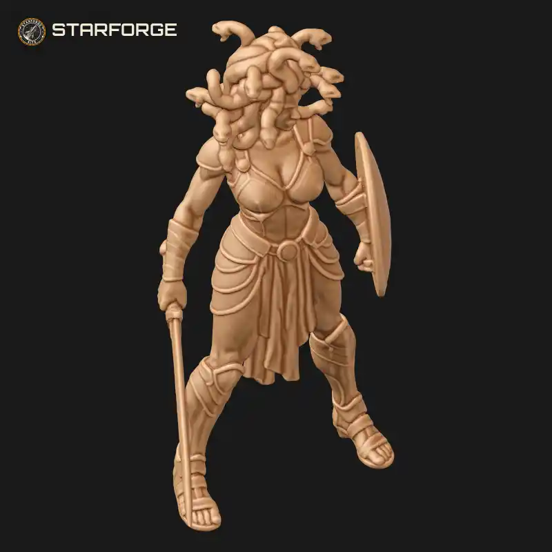 Three Quarter View of Striding Medusa Warrior with Writhing Snake Hair Straight Sword and Round Greek Shield Character Mythology Stylized 3D Print STL File