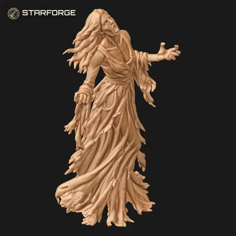 Three Quarter View of Wailing Banshee in Tattered Flowing Gown with Long Wild Hair and Open Mouth Character Dark Fantasy Realistic 3D Print STL File