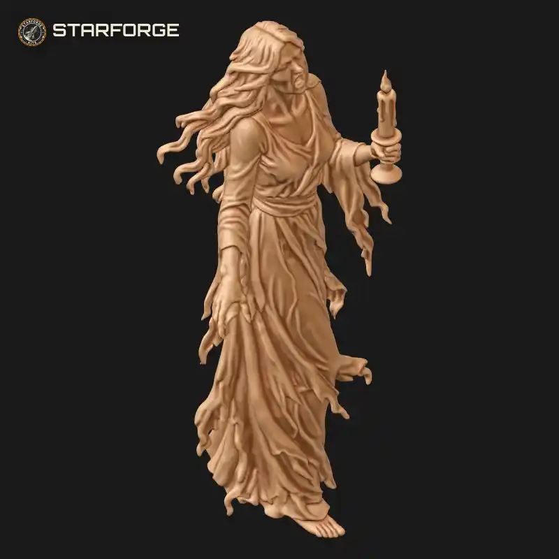 Three Quarter View of Wailing Banshee Woman in Flowing Robes with Windswept Hair Holding Dripping Candle Character Dark Fantasy Realistic 3D Print STL File