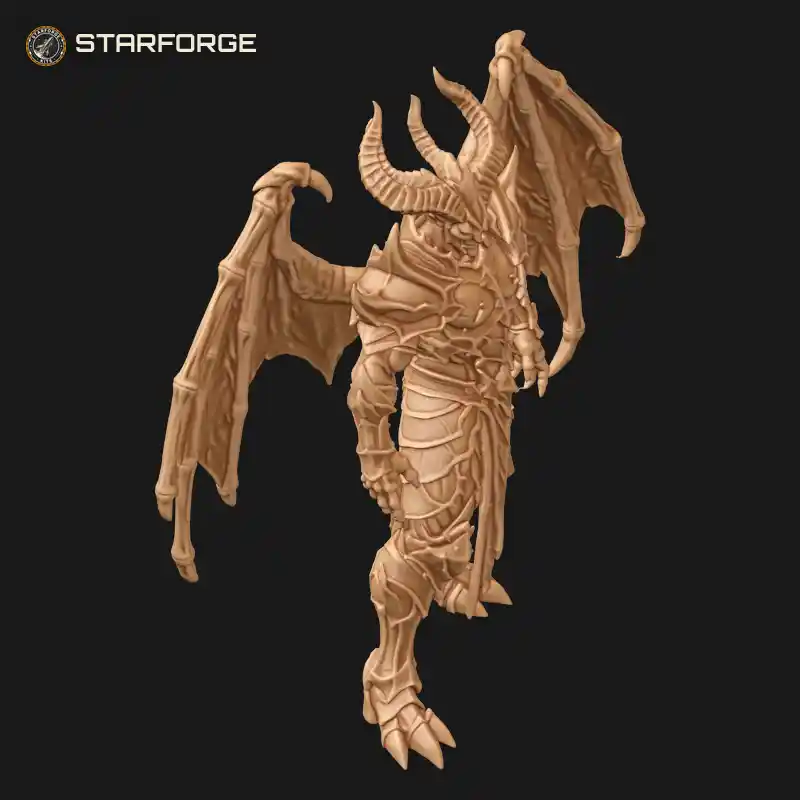 Three Quarter View of Winged Archdemon in Spiked Ornate Armor with Ram Horns and Clawed Hands Character Dark Fantasy Ornate 3D Print STL File